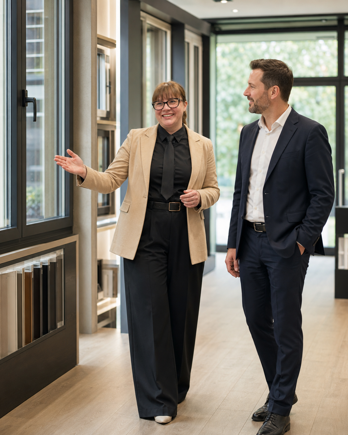 Agnieszka Harnyś im Beratungsgespräch mit einem Geschäftskunden an der Fensterausstellung